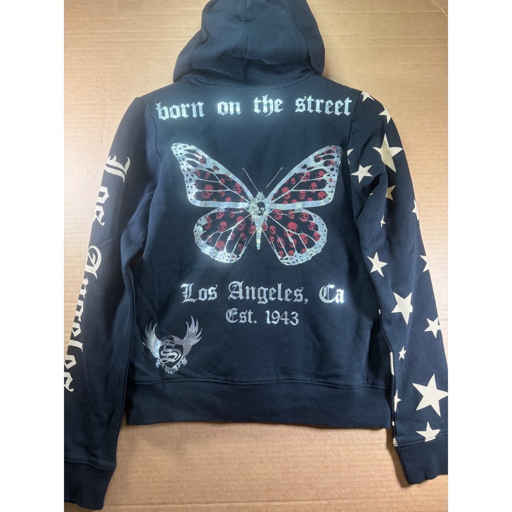 Smet Zip Up Hoodie Womens Large Black Butterfly Skull Graphic Christian Audigier